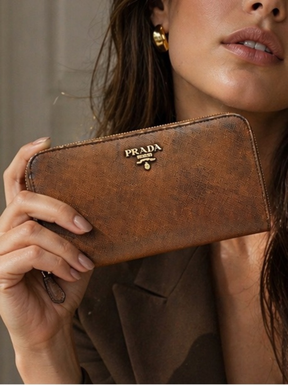 PRADA Safiano Leather Long Zipper Long Breast Wallet Purse Copper Brown See Pics